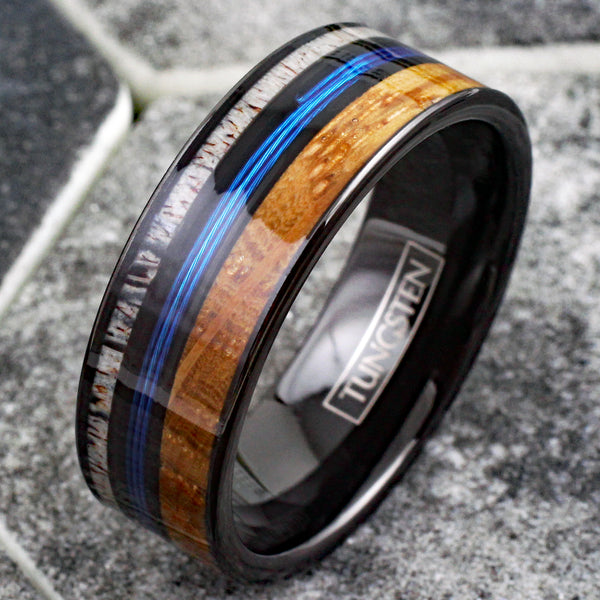 Gorgeous Polished Black Tungsten Flat Band Ring with Bright Blue Real Fishing Line Between Whiskey Barrel Oak Wood and Deer Antler Inlays.