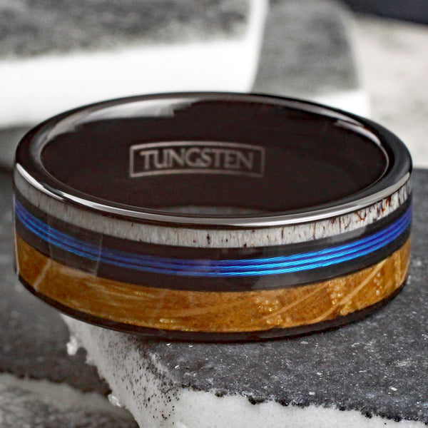 Gorgeous Polished Black Tungsten Flat Band Ring with Bright Blue Real Fishing Line Between Whiskey Barrel Oak Wood and Deer Antler Inlays.