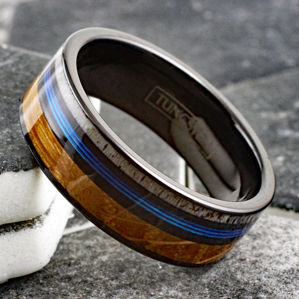 Gorgeous Polished Black Tungsten Flat Band Ring with Bright Blue Real Fishing Line Between Whiskey Barrel Oak Wood and Deer Antler Inlays.