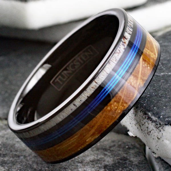Gorgeous Polished Black Tungsten Flat Band Ring with Bright Blue Real Fishing Line Between Whiskey Barrel Oak Wood and Deer Antler Inlays.