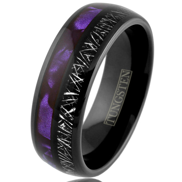 Awesome Polished Black Tungsten Low Dome Band Ring Purple Seashell And Black Faux Meteorite Inlays.