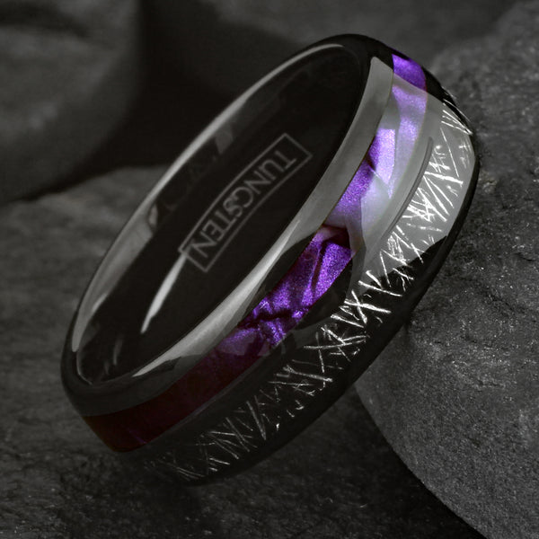 Awesome Polished Black Tungsten Low Dome Band Ring Purple Seashell And Black Faux Meteorite Inlays.