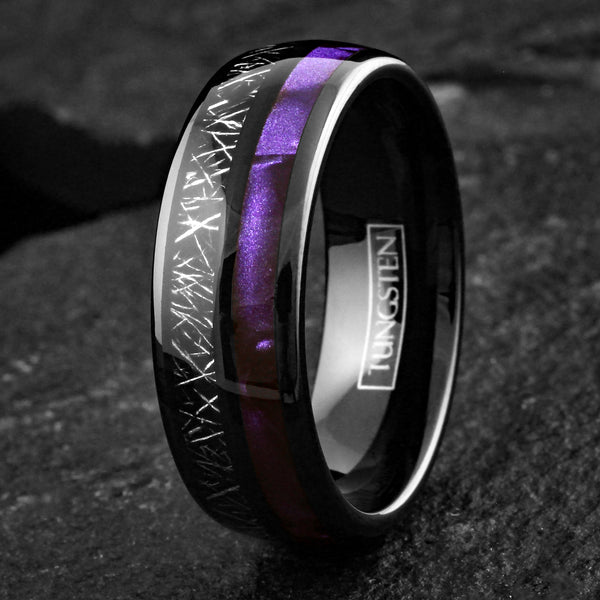 Awesome Polished Black Tungsten Low Dome Band Ring Purple Seashell And Black Faux Meteorite Inlays.