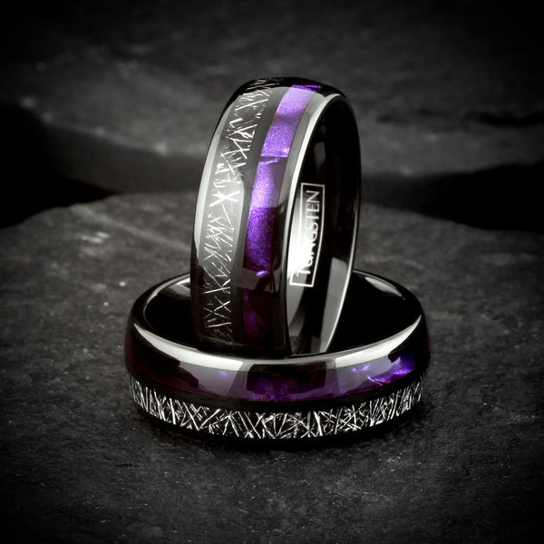 Awesome Polished Black Tungsten Low Dome Band Ring Purple Seashell And Black Faux Meteorite Inlays.