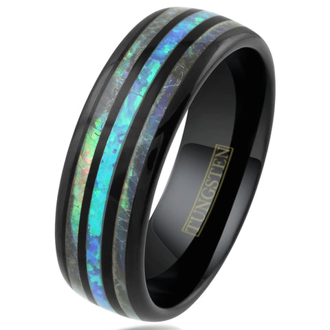 Dazzling Polished Black Tungsten Low Dome Ring w/ Man-Made Hawaii Blue Opal Inlay between Two Abalone Inlays.