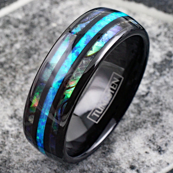 Dazzling Polished Black Tungsten Low Dome Ring w/ Man-Made Hawaii Blue Opal Inlay between Two Abalone Inlays.