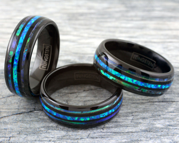 Dazzling Polished Black Tungsten Low Dome Ring w/ Man-Made Hawaii Blue Opal Inlay between Two Abalone Inlays.