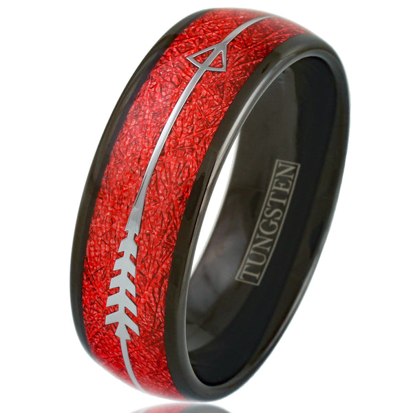 Brilliant Polished Black Tungsten Low Dome Ring w/ Dazzling Red Faux Meteorite and Silver Feathered Arrow Inlays.