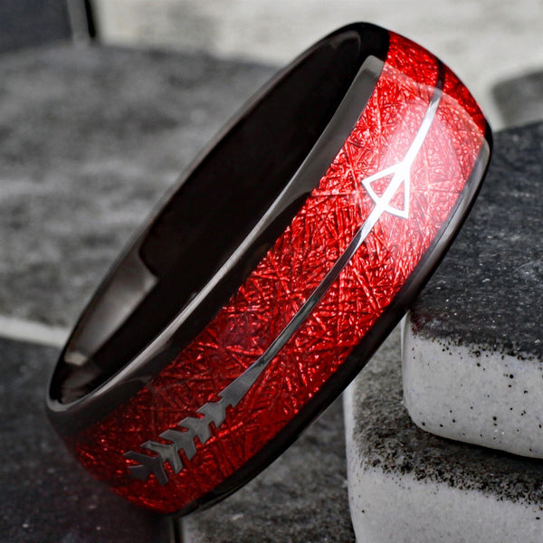Brilliant Polished Black Tungsten Low Dome Ring w/ Dazzling Red Faux Meteorite and Silver Feathered Arrow Inlays.