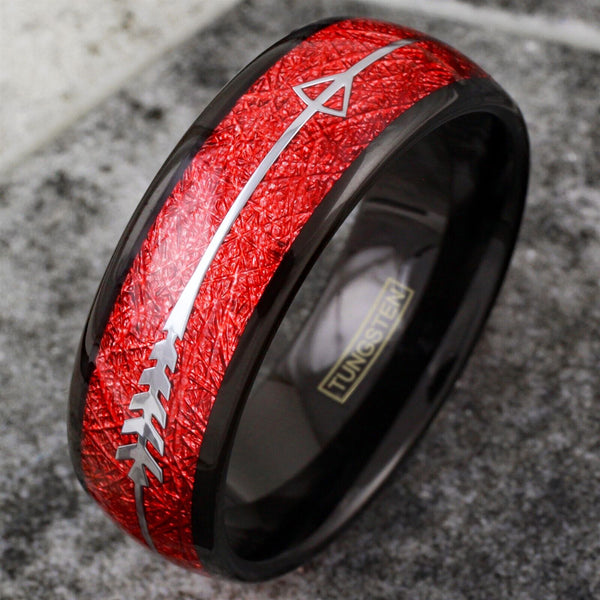 Brilliant Polished Black Tungsten Low Dome Ring w/ Dazzling Red Faux Meteorite and Silver Feathered Arrow Inlays.