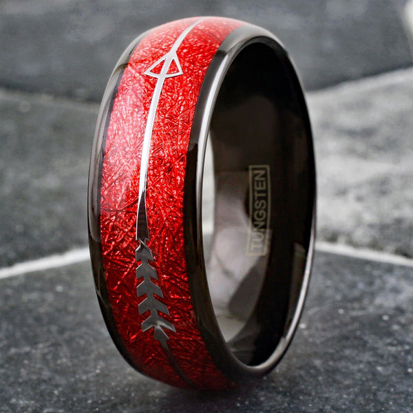 Brilliant Polished Black Tungsten Low Dome Ring w/ Dazzling Red Faux Meteorite and Silver Feathered Arrow Inlays.