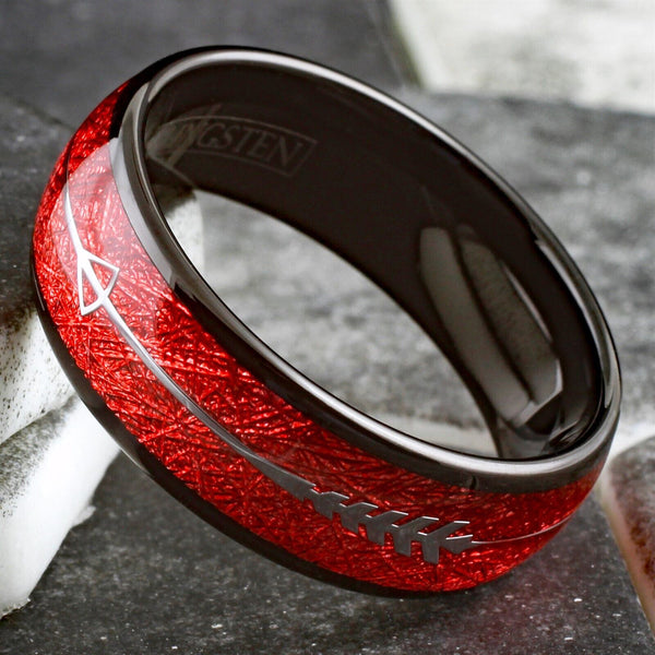 Brilliant Polished Black Tungsten Low Dome Ring w/ Dazzling Red Faux Meteorite and Silver Feathered Arrow Inlays.