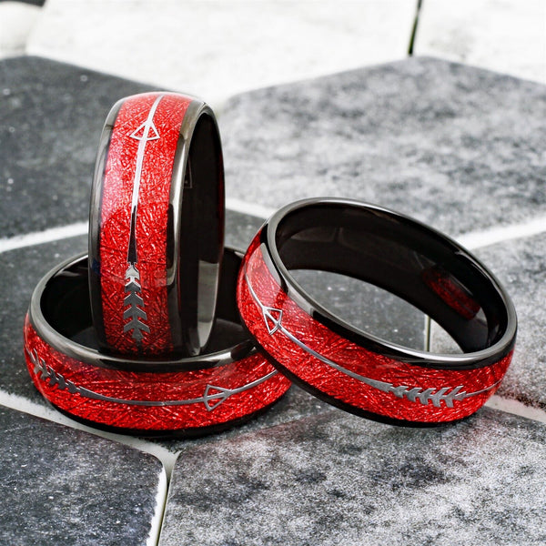 Brilliant Polished Black Tungsten Low Dome Ring w/ Dazzling Red Faux Meteorite and Silver Feathered Arrow Inlays.
