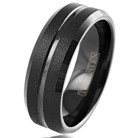 Brilliant Polished Black Tungsten Ring with Sparkling Sand Blast Outer Band, Recessed Polished Groove, and Beveled Edges.