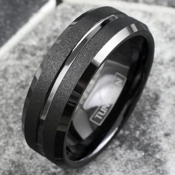 Brilliant Polished Black Tungsten Ring with Sparkling Sand Blast Outer Band, Recessed Polished Groove, and Beveled Edges.