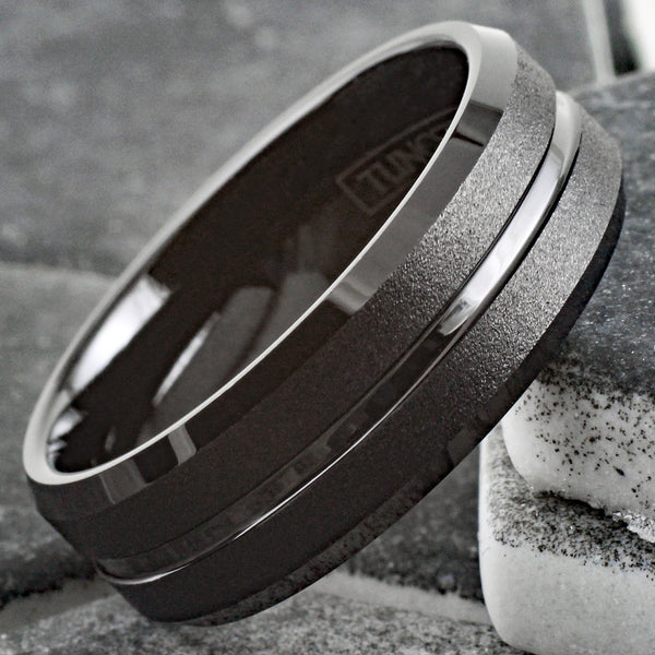 Brilliant Polished Black Tungsten Ring with Sparkling Sand Blast Outer Band, Recessed Polished Groove, and Beveled Edges.