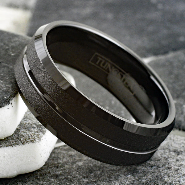 Brilliant Polished Black Tungsten Ring with Sparkling Sand Blast Outer Band, Recessed Polished Groove, and Beveled Edges.