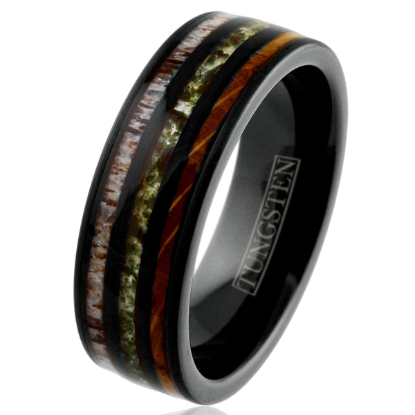 Beautiful Unique Polished Black Tungsten Flat Band Ring with Crushed Moss Agate Between Whiskey Barrel Oak Wood and Deer Antler Inlays.