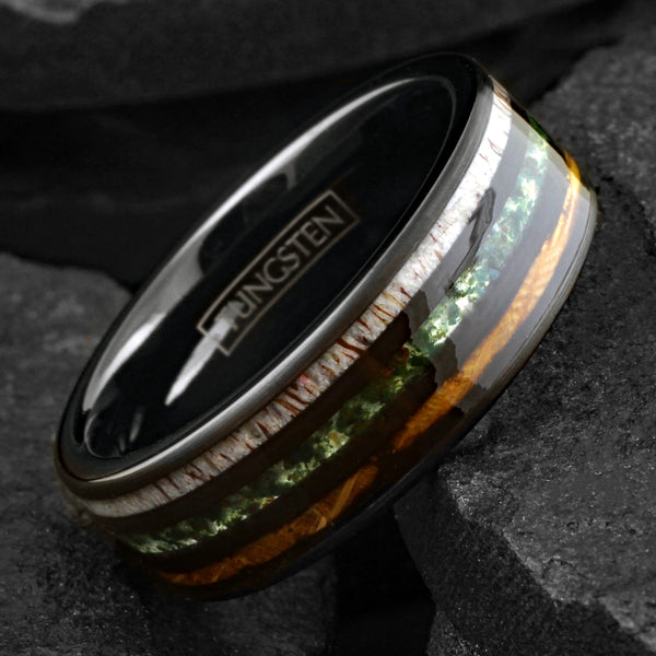 Beautiful Unique Polished Black Tungsten Flat Band Ring with Crushed Moss Agate Between Whiskey Barrel Oak Wood and Deer Antler Inlays.
