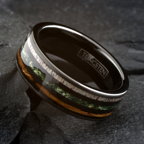 Beautiful Unique Polished Black Tungsten Flat Band Ring with Crushed Moss Agate Between Whiskey Barrel Oak Wood and Deer Antler Inlays.