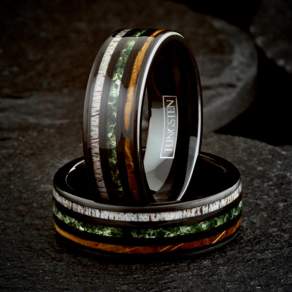 Beautiful Unique Polished Black Tungsten Flat Band Ring with Crushed Moss Agate Between Whiskey Barrel Oak Wood and Deer Antler Inlays.