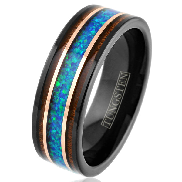Beautiful Polished Black Tungsten Flat Band Ring with Iridescent Man-Made Crushed Hawaii Blue Opal Inlay Between Two Rose Bands Surrounded By Koa Wood Inlays.