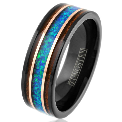 Beautiful Polished Black Tungsten Flat Band Ring with Iridescent Man-Made Crushed Hawaii Blue Opal Inlay Between Two Rose Bands Surrounded By Koa Wood Inlays.