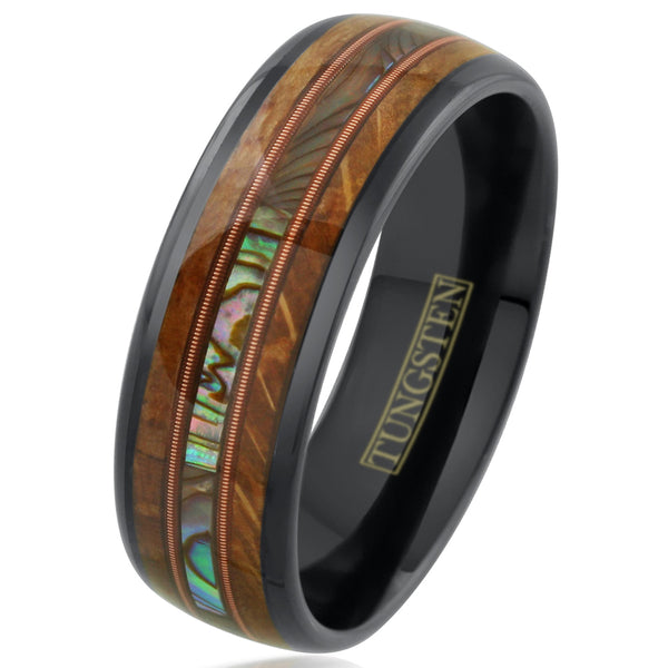 Awesome Polished Black Tungsten Low Dome Ring with Iridescent Abalone Inlay Between Two Cool Genuine Guitar String Surrounded By Whiskey Barrel Oak Wood Inlays. Couple Ring.