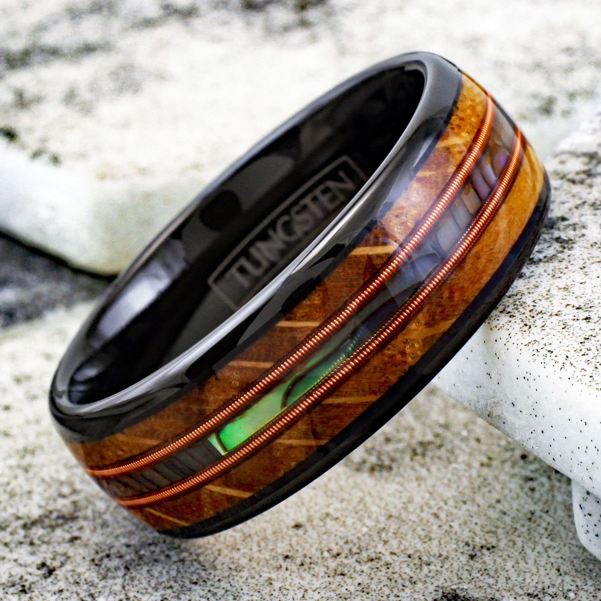 Awesome Polished Black Tungsten Low Dome Ring with Iridescent Abalone Inlay Between Two Cool Genuine Guitar String Surrounded by Whiskey Barrel Oak