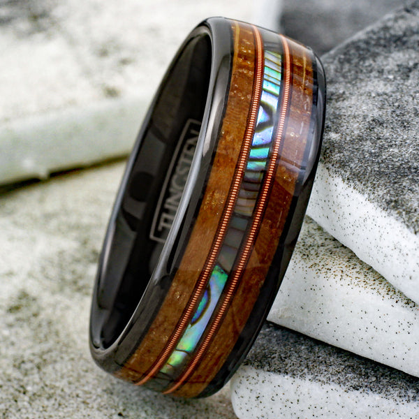 Awesome Polished Black Tungsten Low Dome Ring with Iridescent Abalone Inlay Between Two Cool Genuine Guitar String Surrounded By Whiskey Barrel Oak Wood Inlays. Couple Ring.