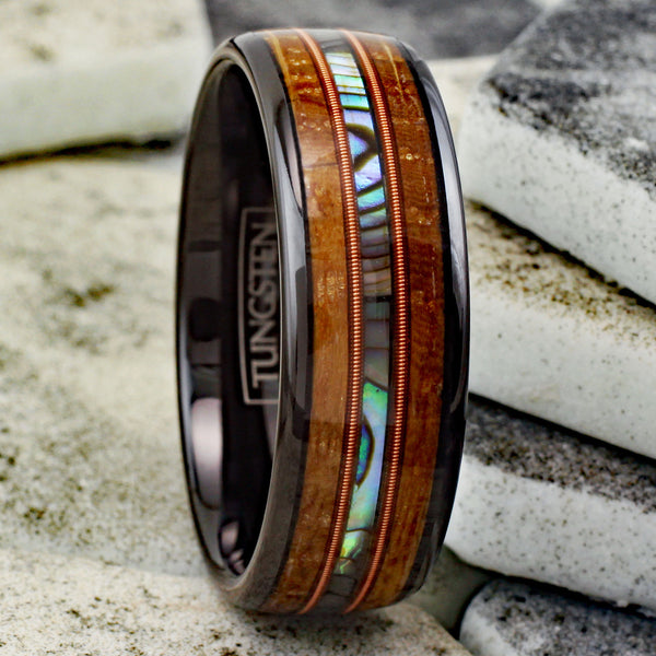 Awesome Polished Black Tungsten Low Dome Ring with Iridescent Abalone Inlay Between Two Cool Genuine Guitar String Surrounded By Whiskey Barrel Oak Wood Inlays. Couple Ring.