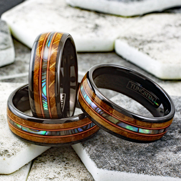 Awesome Polished Black Tungsten Low Dome Ring with Iridescent Abalone Inlay Between Two Cool Genuine Guitar String Surrounded By Whiskey Barrel Oak Wood Inlays. Couple Ring.