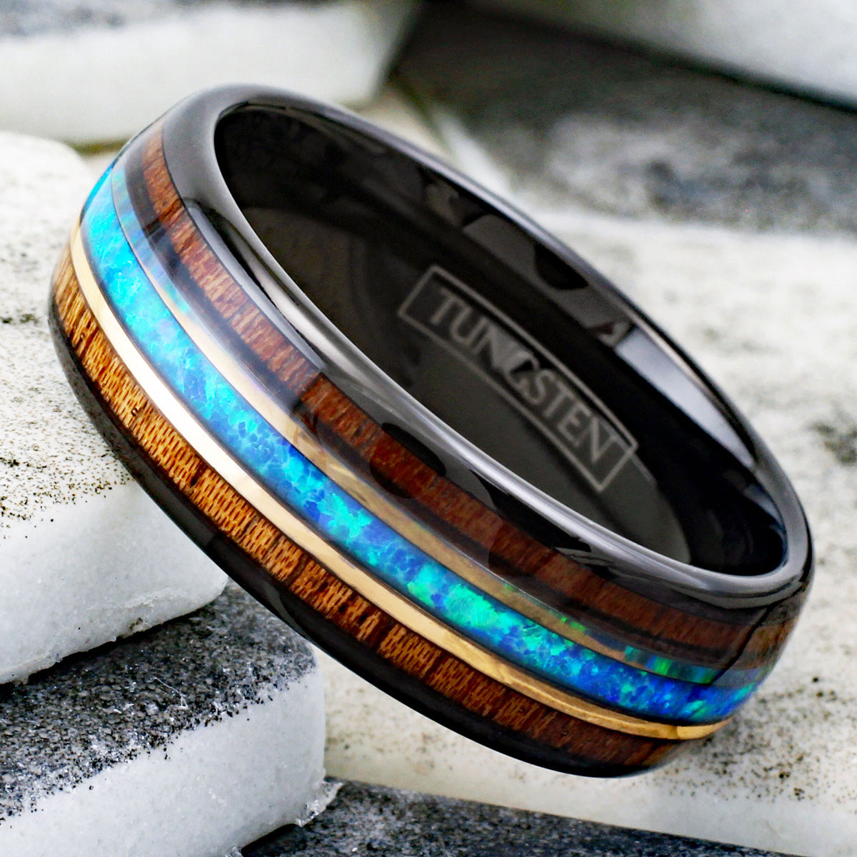 Black Low Dome Tungsten Band Ring w Crushed Hawaii Blue Opal