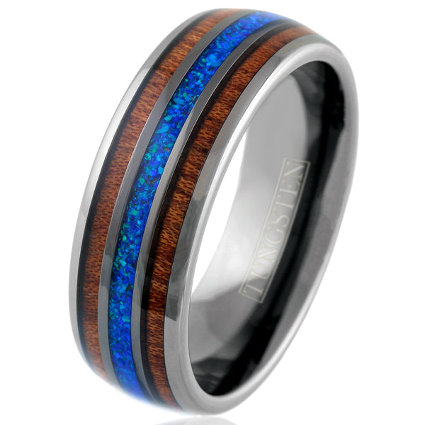 Stunning Polished Gunmetal Gray Tungsten Low Dome Ring with Iridescent Man-Made Crushed Hawaii Blue Opal Inlay Between Two Koa Wood Inlays.
