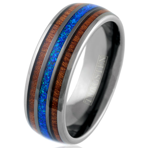 Stunning Polished Gunmetal Gray Tungsten Low Dome Ring with Iridescent Man-Made Crushed Hawaii Blue Opal Inlay Between Two Koa Wood Inlays.