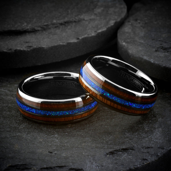 Stunning Polished Gunmetal Gray Tungsten Low Dome Ring with Iridescent Man-Made Crushed Hawaii Blue Opal Inlay Between Two Koa Wood Inlays.