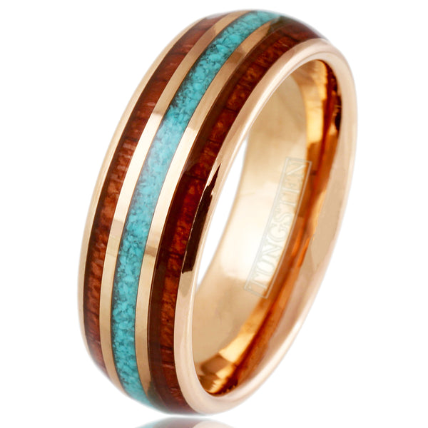Gleaming Polished Rose Gold Low Dome Tungsten Ring with Crushed Blue Turquoise Inlay Between Koa Wood Inlays. Couple Ring.