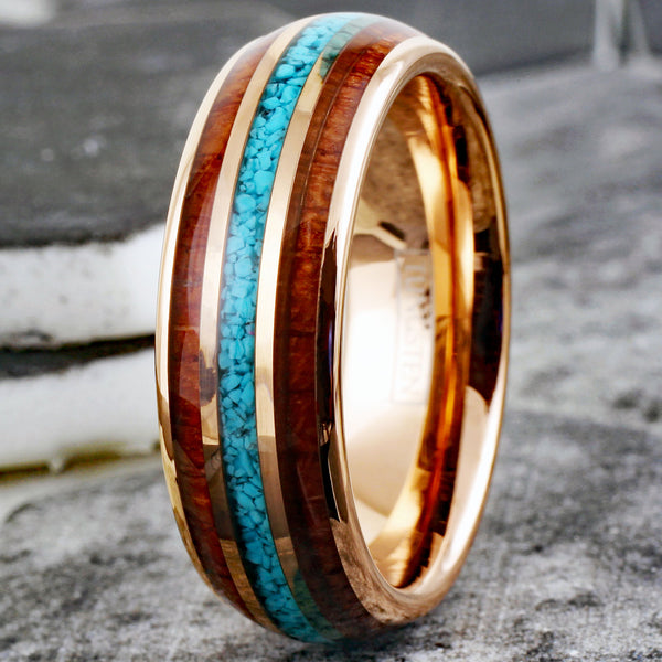 Gleaming Polished Rose Gold Low Dome Tungsten Ring with Crushed Blue Turquoise Inlay Between Koa Wood Inlays. Couple Ring.