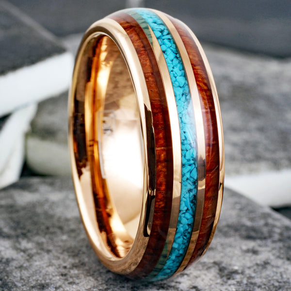 Gleaming Polished Rose Gold Low Dome Tungsten Ring with Crushed Blue Turquoise Inlay Between Koa Wood Inlays. Couple Ring.