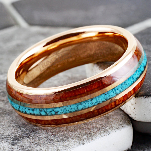 Gleaming Polished Rose Gold Low Dome Tungsten Ring with Crushed Blue Turquoise Inlay Between Koa Wood Inlays. Couple Ring.