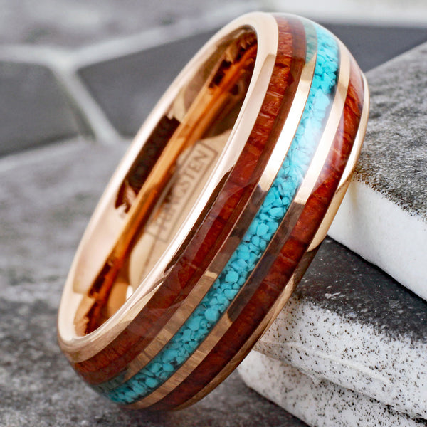 Gleaming Polished Rose Gold Low Dome Tungsten Ring with Crushed Blue Turquoise Inlay Between Koa Wood Inlays. Couple Ring.