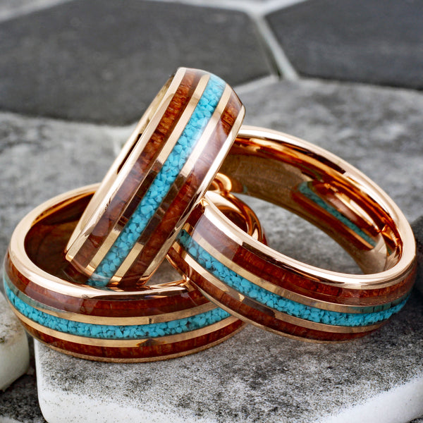 Gleaming Polished Rose Gold Low Dome Tungsten Ring with Crushed Blue Turquoise Inlay Between Koa Wood Inlays. Couple Ring.