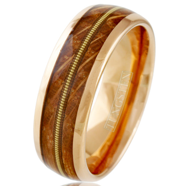 Glorious Polished Rose Gold Tungsten Low Dome Ring with Cool Genuine Guitar String Between Whiskey Barrel Oak Wood Inlays.