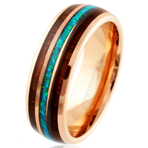 Dazzling Polished Rose Gold Tungsten Low Dome Band Ring with Iridescent Man-Made Crushed Hawaii Blue Opal Inlay Between Two Koa Wood Inlays.