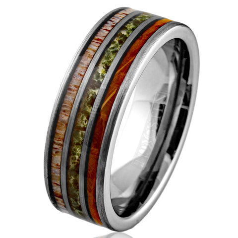 Elegant Unique Polished Silver Tungsten Flat Band Ring with Crushed Moss Agate Between Whiskey Barrel Oak Wood and Deer Antler Inlays.