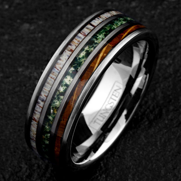 Elegant Unique Polished Silver Tungsten Flat Band Ring with Crushed Moss Agate Between Whiskey Barrel Oak Wood and Deer Antler Inlays.