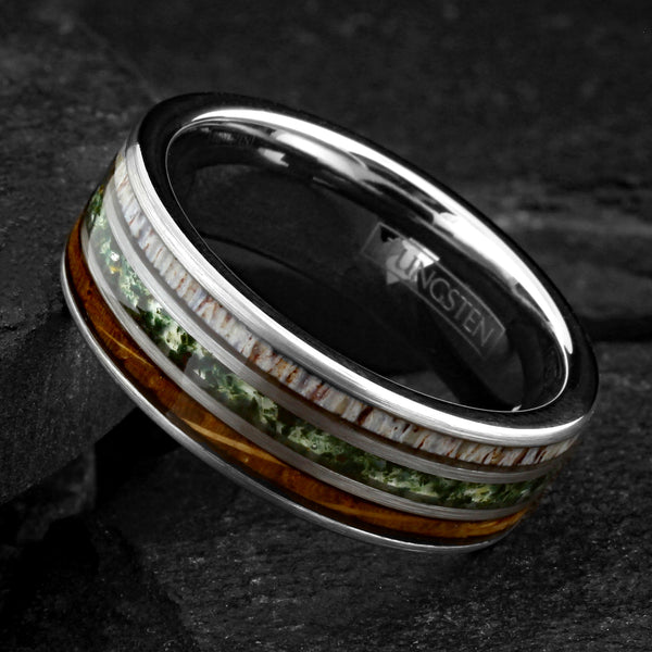Elegant Unique Polished Silver Tungsten Flat Band Ring with Crushed Moss Agate Between Whiskey Barrel Oak Wood and Deer Antler Inlays.