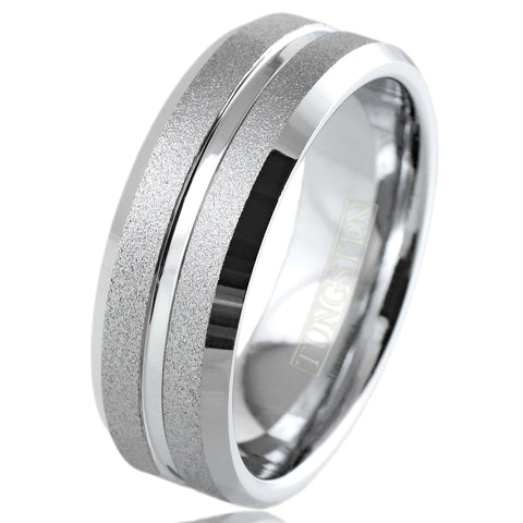 Dazzling Mirror Polished Silver Tungsten Ring with Sparkling Sand Blast Outer Band, Recessed Polished Groove, and Beveled Edges.