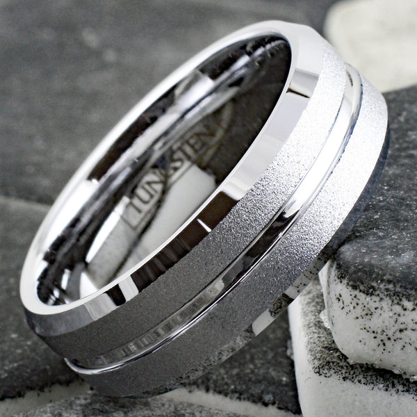 Dazzling Mirror Polished Silver Tungsten Ring with Sparkling Sand Blast Outer Band, Recessed Polished Groove, and Beveled Edges.
