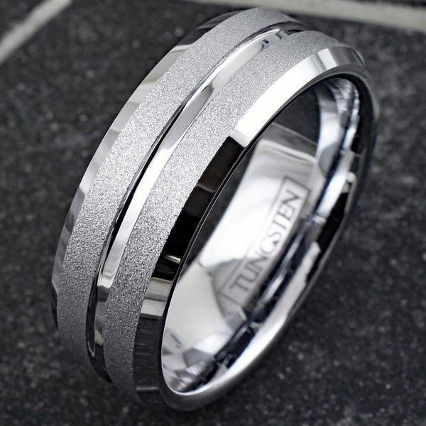 Dazzling Mirror Polished Silver Tungsten Ring with Sparkling Sand Blast Outer Band, Recessed Polished Groove, and Beveled Edges.